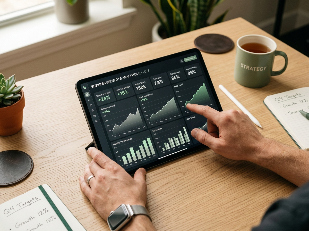 Equipe WOAS analisando dashboard de crescimento no tablet